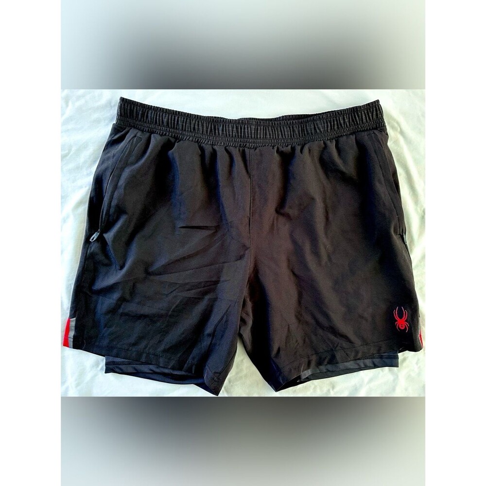 Spyder Active Men’s Black 2-in-1 Running Shorts Lined Zip Pockets Red Logo (L)